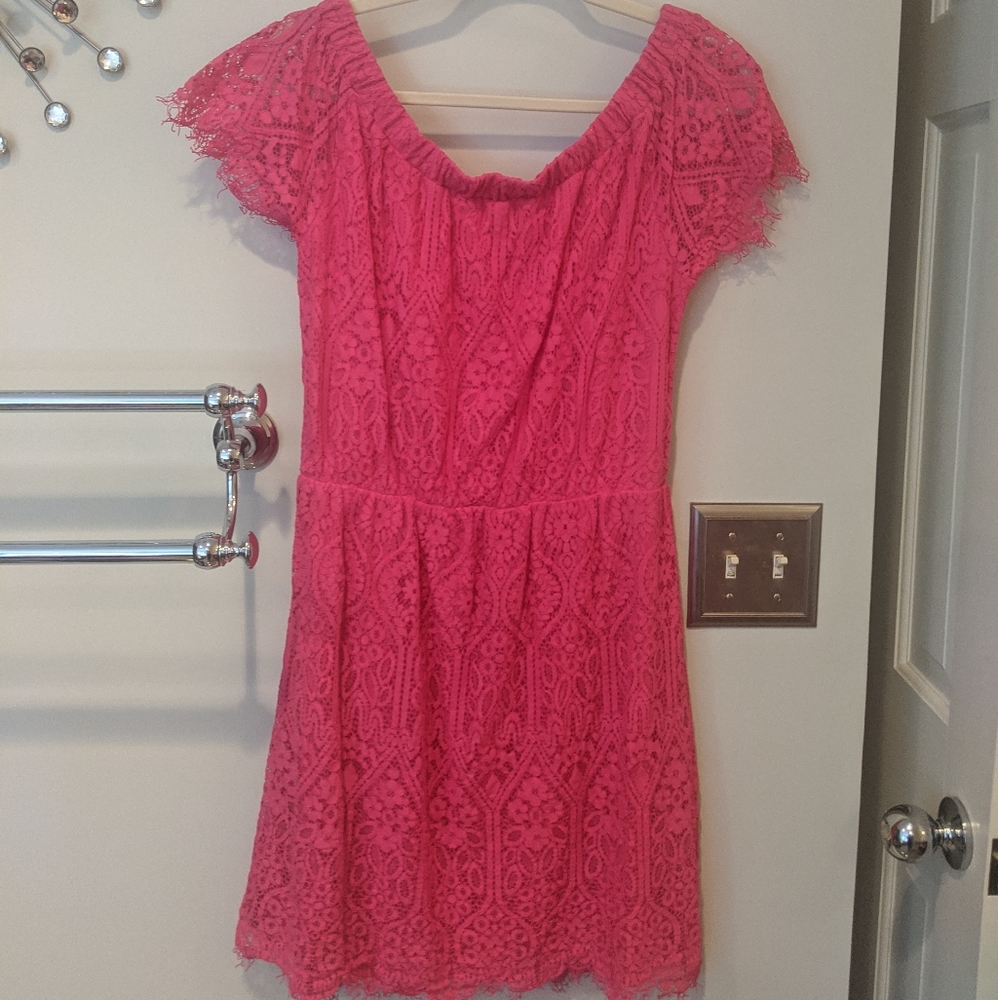 Pink off shoulder lace dress